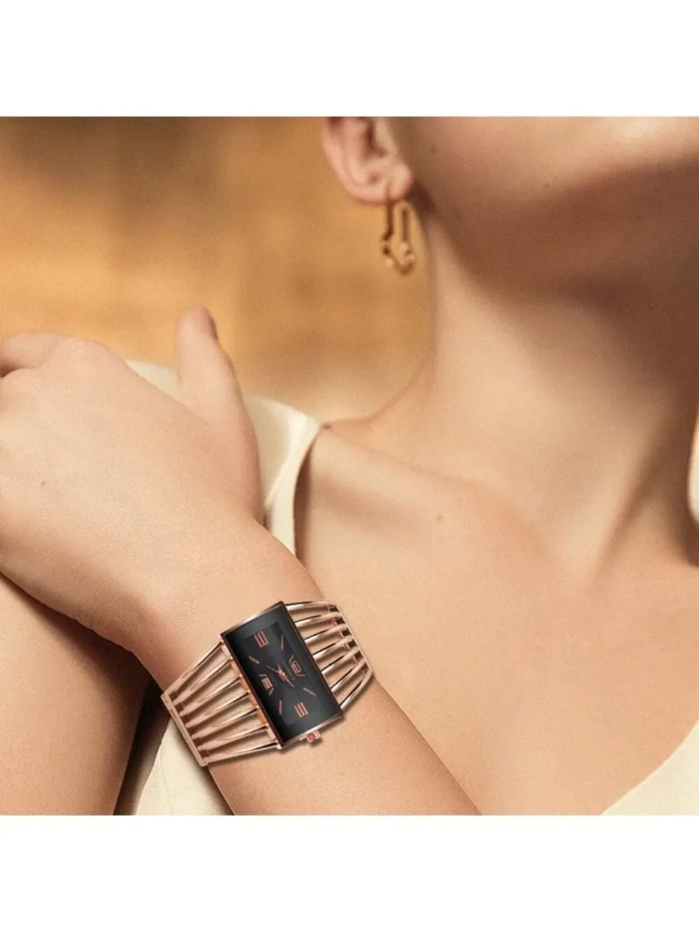 Women's Rose Gold Analog Quartz Rectangular Hollow Luxury Cuff Bracelet Watch
